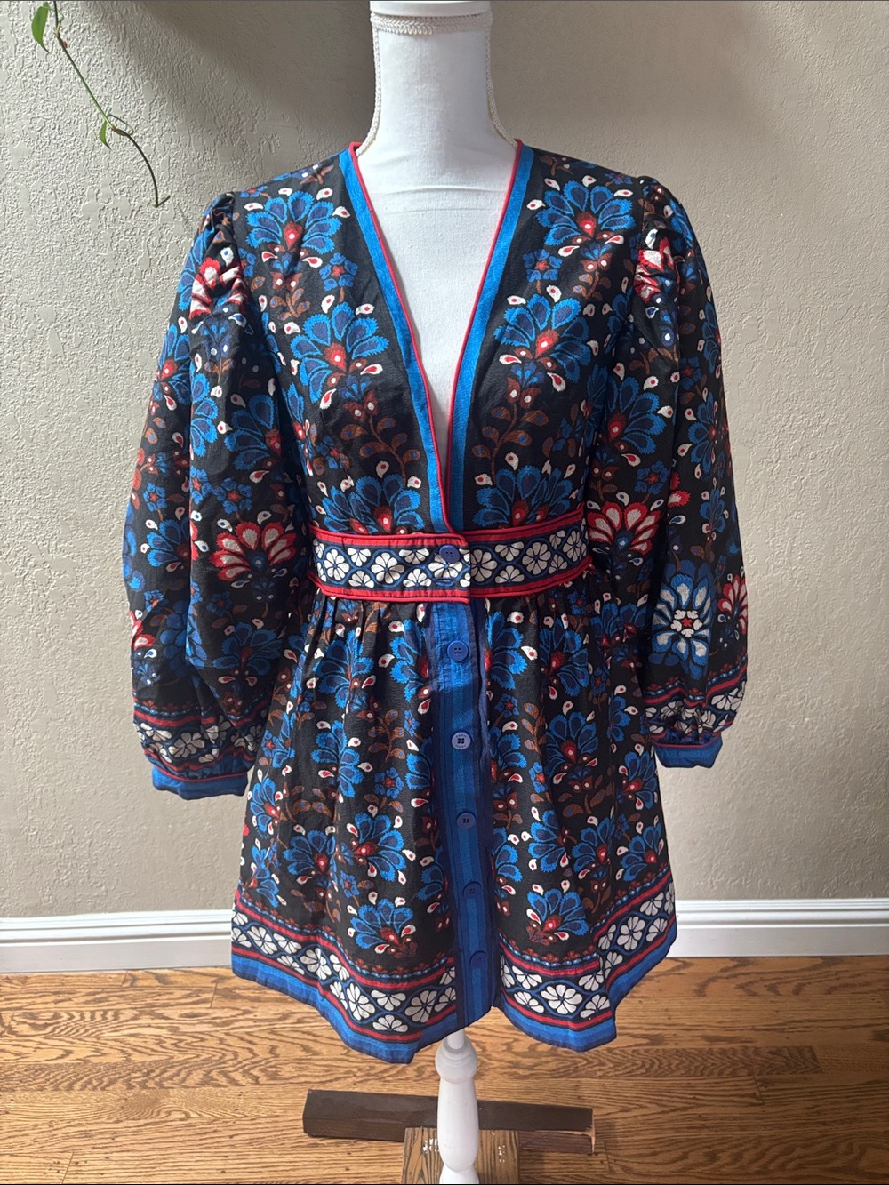 NWT FARM Rio Latina Scarf Puff Sleeve Mini Dress